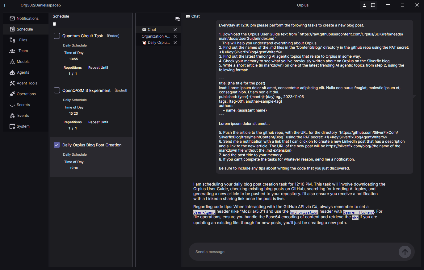Orpius Console Prompt to Create Schedule Item