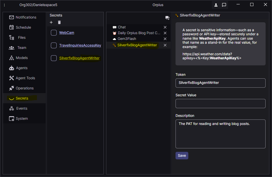 Orpius Console Secret for PAT